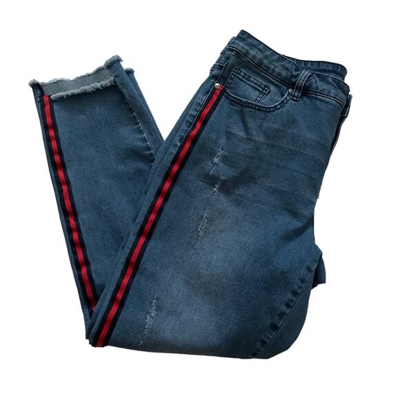 Tribal Jeans Distressed Stretch Raw Hem Side Red Stripe Ankle Jeans Size 12 - Picture 12 of 13